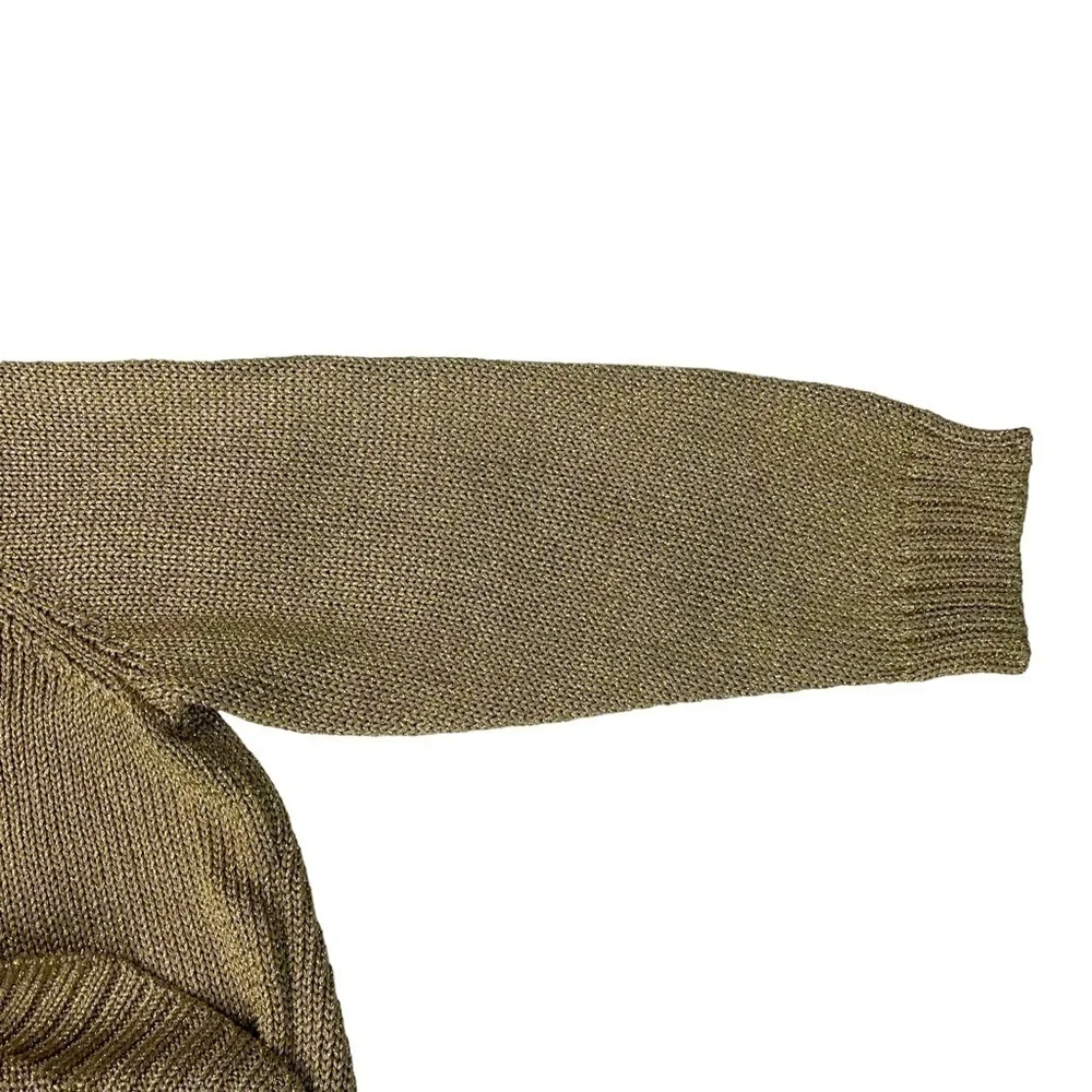 LAUREN RALPH LAUREN METALLIC GOLD V-NECK 3/4 SLEEVE RIBBED PULLOVER SWEATER